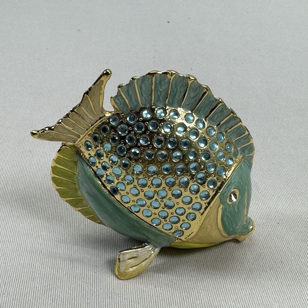 Gold & Blue Rhinestone Jeweled Tropical Fish Trinket Box Hinged Metal & Enamel.
